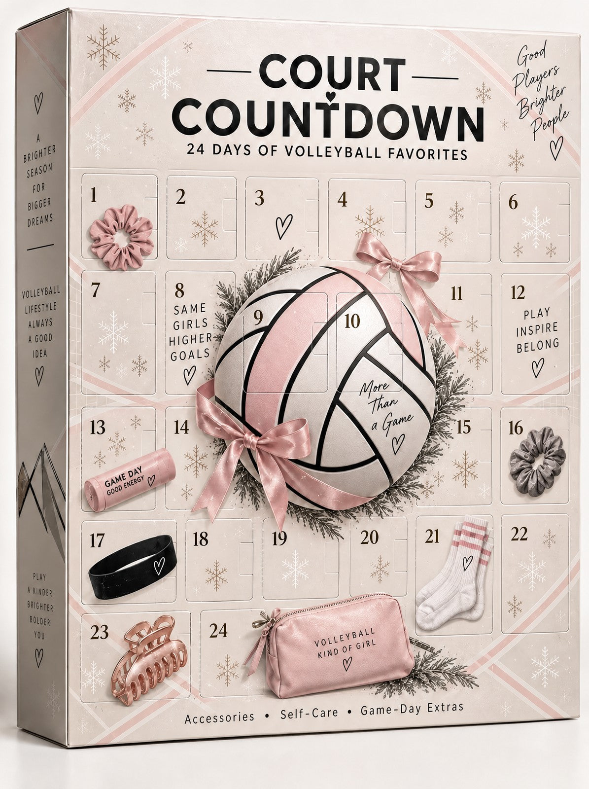 Court Countdown volleyball advent calendar, 24 numbered doors with a blush volleyball and ribbon on the front