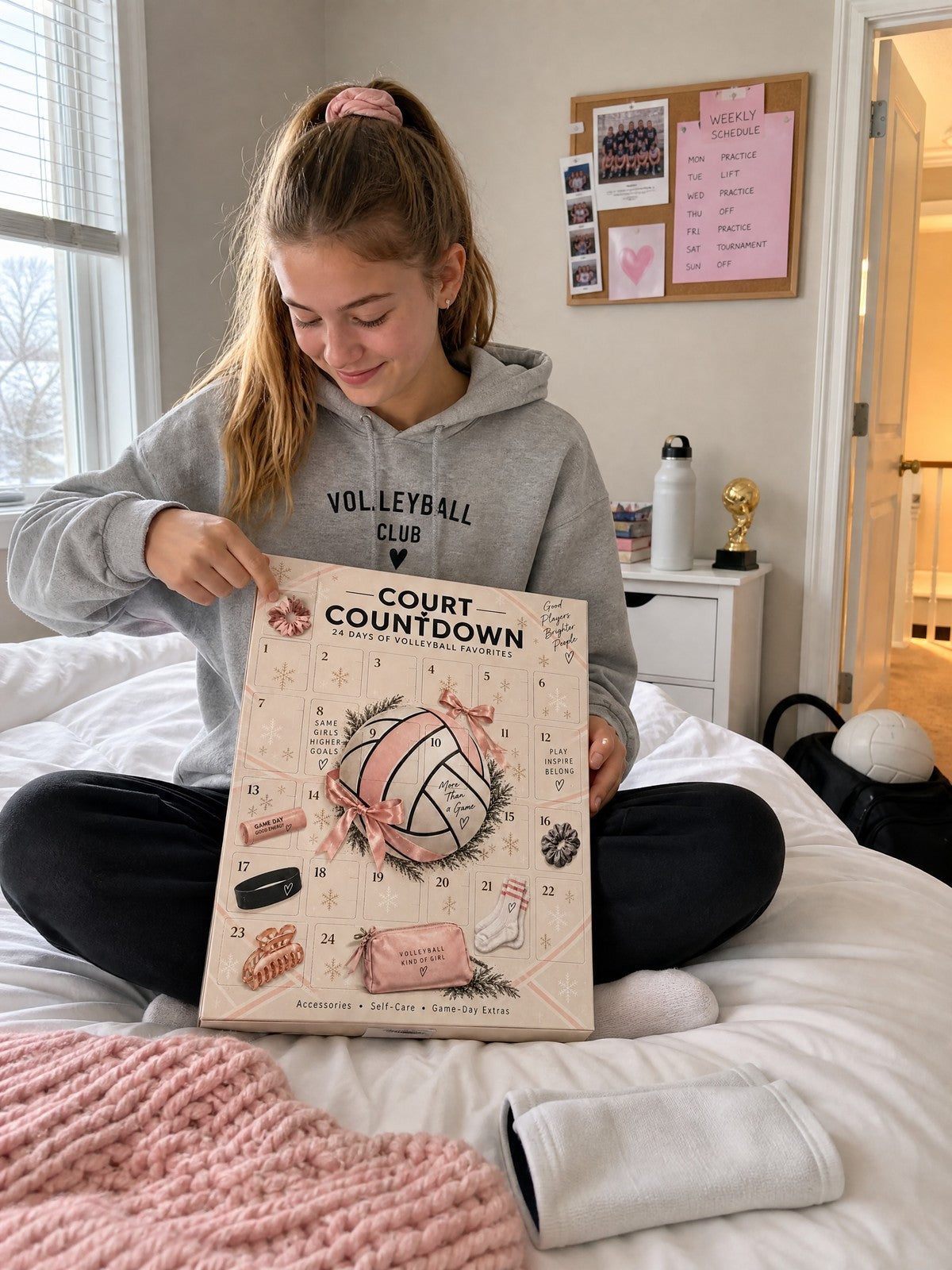 A teenage girl sitting on her bed in daylight, holding the Court Countdown volleyball advent calendar and pointing at door 1